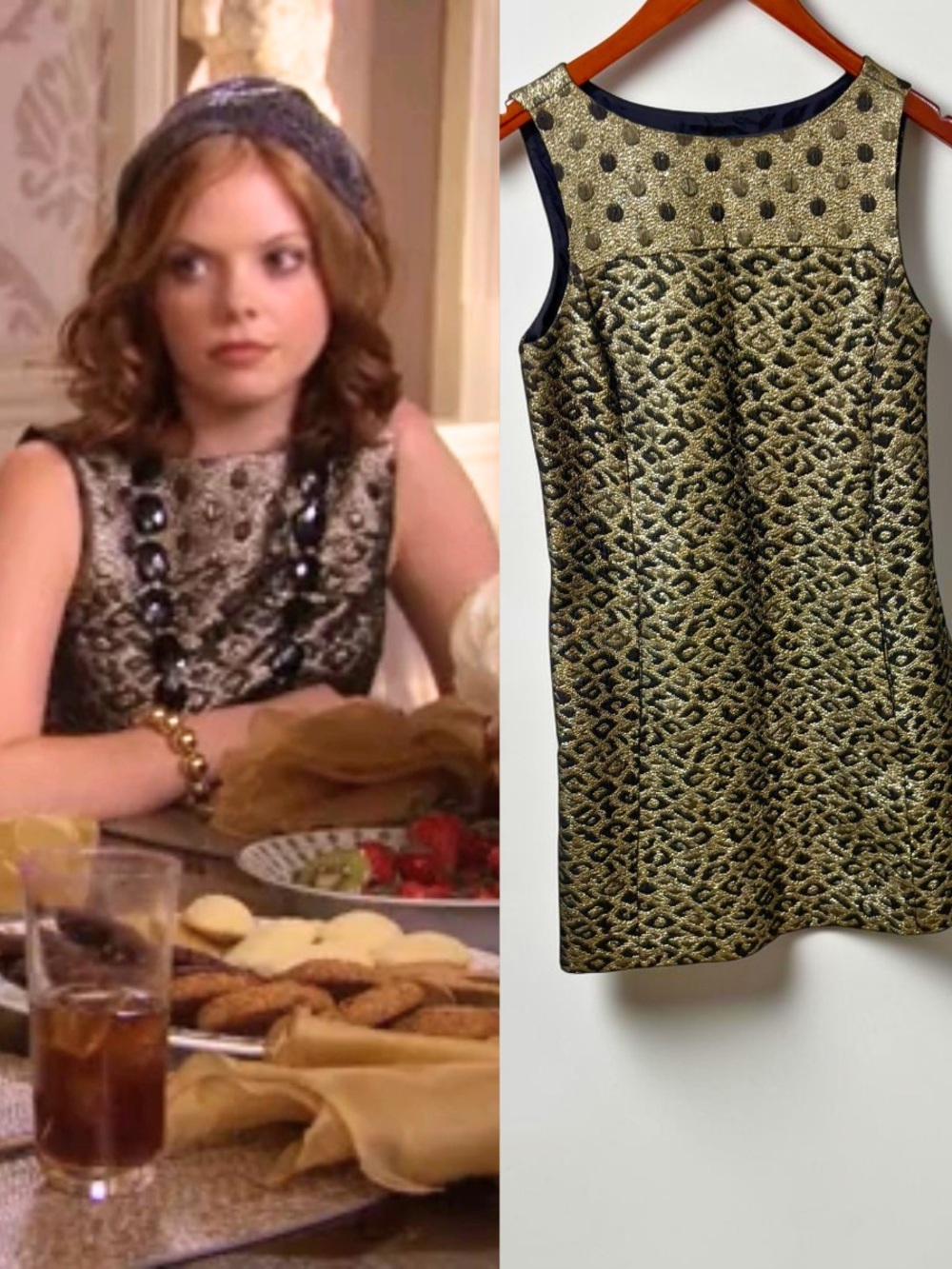 Y2K Tibi Metallic Dress ASO Hazel Williams Gossip Girl Gold Black Polka Dots 2